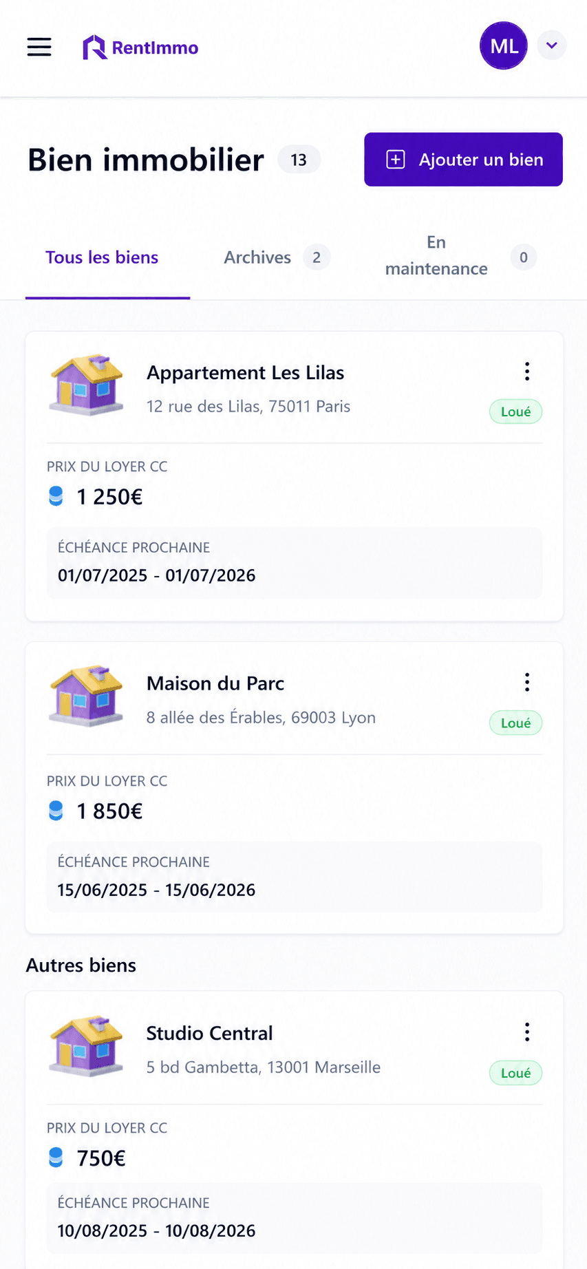 Rentimmo mobile app: list of properties with address, rent, rental status and due date